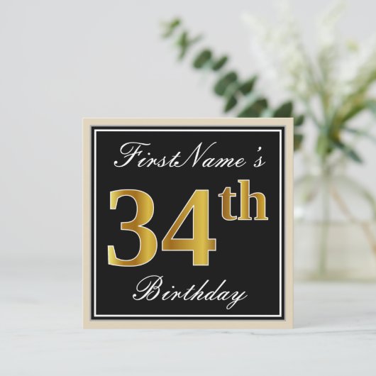 エレガント黒、フェイク金ゴールド34番目の誕生日+名前 招待状 (スタンド正面)