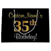 エレガント黒、フェイク金ゴールド35番目の誕生日+名前 ラージペーパーバッグ (正面)