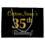 エレガント黒、フェイク金ゴールド35番目の誕生日+名前 ラージペーパーバッグ (裏面)