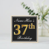 エレガント黒、フェイク金ゴールド37番目の誕生日+名前 招待状 (スタンド正面)