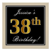 エレガント黒、フェイク金ゴールド38番目の誕生日+名前 ポスター (正面)