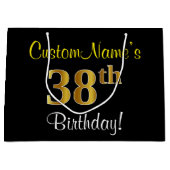 エレガント黒、フェイク金ゴールド38番目の誕生日+名前 ラージペーパーバッグ (正面)
