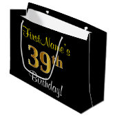 エレガント黒、フェイク金ゴールド39番目の誕生日+名前 ラージペーパーバッグ (正面アングル)