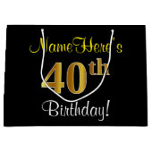 エレガント黒、フェイク金ゴールド40歳の誕生日+名前 ラージペーパーバッグ (正面)