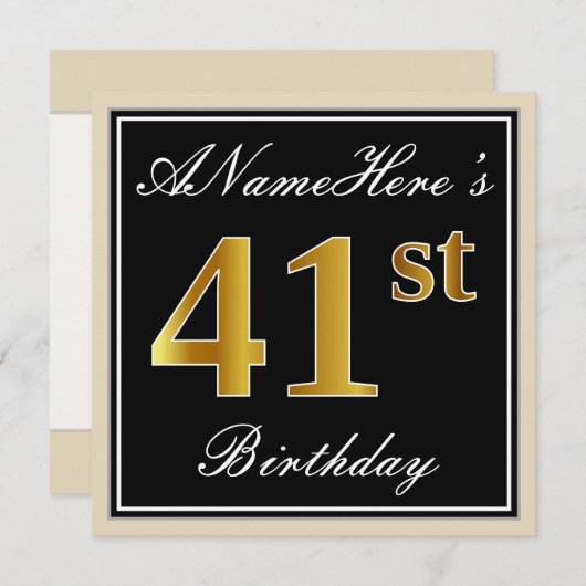エレガント黒、フェイク金ゴールド41番目の誕生日+名前 招待状 (正面/裏面)