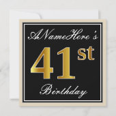 エレガント黒、フェイク金ゴールド41番目の誕生日+名前 招待状 (正面)