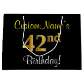 エレガント黒、フェイク金ゴールド42番目の誕生日+名前 ラージペーパーバッグ (正面)