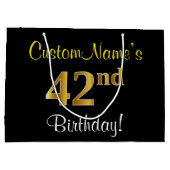 エレガント黒、フェイク金ゴールド42番目の誕生日+名前 ラージペーパーバッグ (裏面)
