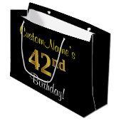 エレガント黒、フェイク金ゴールド42番目の誕生日+名前 ラージペーパーバッグ (正面アングル)