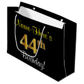 エレガント黒、フェイク金ゴールド44番目の誕生日+名前 ラージペーパーバッグ (正面アングル)
