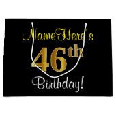 エレガント黒、フェイク金ゴールド46番目の誕生日+名前 ラージペーパーバッグ (正面)