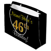 エレガント黒、フェイク金ゴールド46番目の誕生日+名前 ラージペーパーバッグ (裏面アングル)