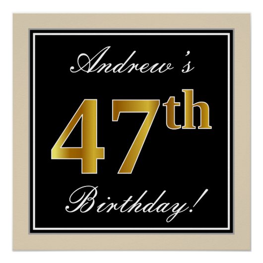エレガント黒、フェイク金ゴールド47番目の誕生日+名前 ポスター (正面)