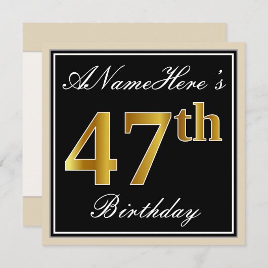エレガント黒、フェイク金ゴールド47番目の誕生日+名前 招待状 (正面/裏面)