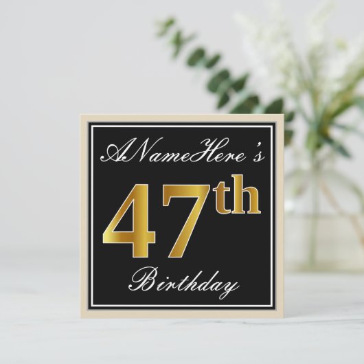 エレガント黒、フェイク金ゴールド47番目の誕生日+名前 招待状 (スタンド正面)