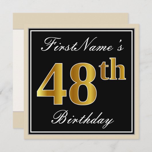 エレガント黒、フェイク金ゴールド48番目の誕生日+名前 招待状 (正面/裏面)