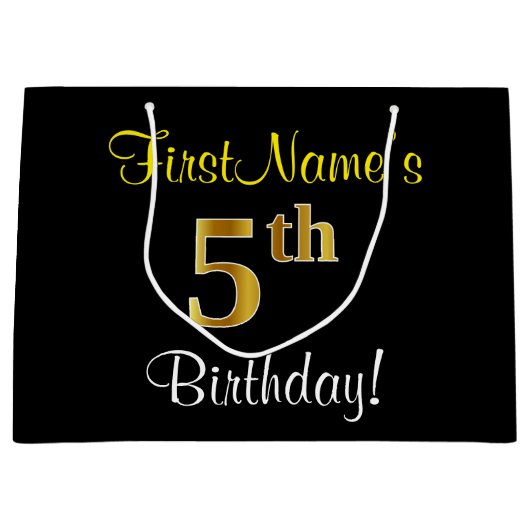 エレガント黒、フェイク金ゴールド5番目の誕生日+名前 ラージペーパーバッグ (正面)