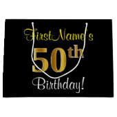 エレガント黒、フェイク金ゴールド50番目の誕生日+名前 ラージペーパーバッグ (正面)