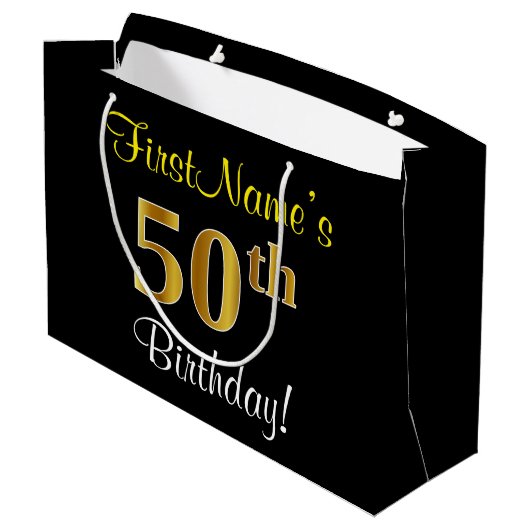エレガント黒、フェイク金ゴールド50番目の誕生日+名前 ラージペーパーバッグ (裏面アングル)