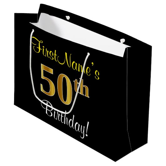 エレガント黒、フェイク金ゴールド50番目の誕生日+名前 ラージペーパーバッグ (正面アングル)