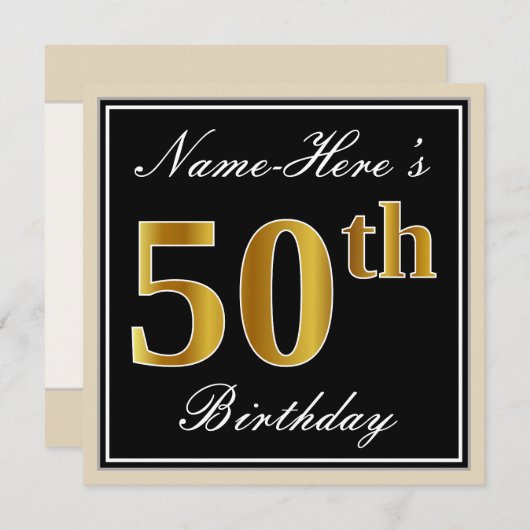 エレガント黒、フェイク金ゴールド50番目の誕生日+名前 招待状 (正面/裏面)