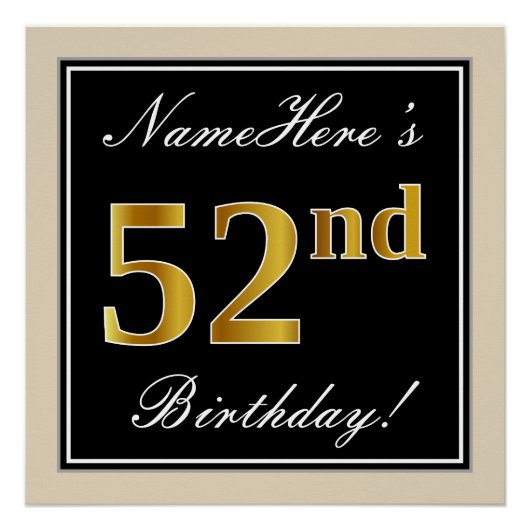 エレガント黒、フェイク金ゴールド52番目の誕生日+名前 ポスター (正面)