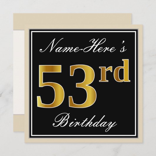 エレガント黒、フェイク金ゴールド53番目の誕生日+名前 招待状 (正面/裏面)