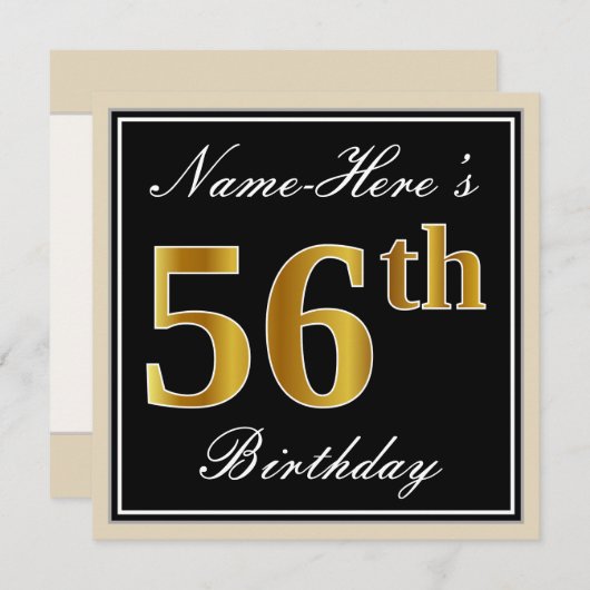 エレガント黒、フェイク金ゴールド56番目の誕生日+名前 招待状 (正面/裏面)