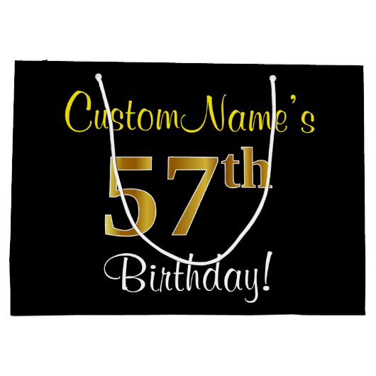 エレガント黒、フェイク金ゴールド57番目の誕生日+名前 ラージペーパーバッグ (裏面)