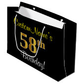エレガント黒、フェイク金ゴールド58番目の誕生日+名前 ラージペーパーバッグ (正面アングル)