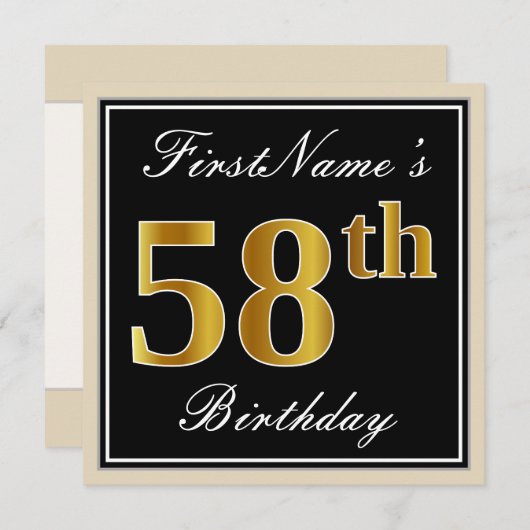 エレガント黒、フェイク金ゴールド58番目の誕生日+名前 招待状 (正面/裏面)