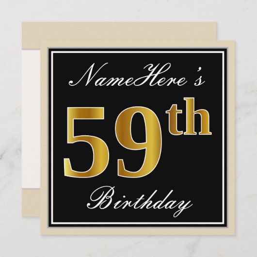エレガント黒、フェイク金ゴールド59番目の誕生日+名前 招待状 (正面/裏面)