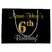 エレガント黒、フェイク金ゴールド6番目の誕生日+名前 ラージペーパーバッグ (裏面)