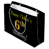 エレガント黒、フェイク金ゴールド6番目の誕生日+名前 ラージペーパーバッグ (裏面アングル)