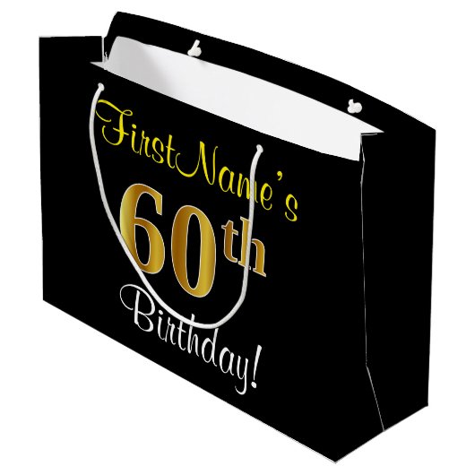 エレガント黒、フェイク金ゴールド60番目の誕生日+名前 ラージペーパーバッグ (裏面アングル)
