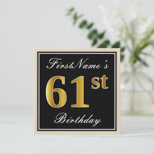 エレガント黒、フェイク金ゴールド61番目の誕生日+名前 招待状 (スタンド正面)