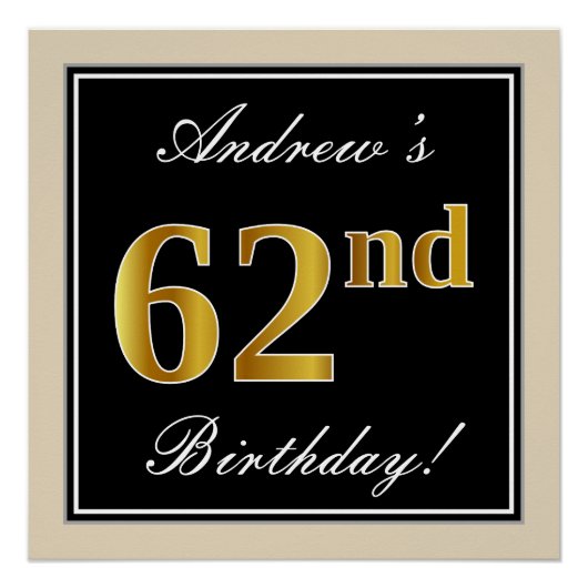 エレガント黒、フェイク金ゴールド62番目の誕生日+名前 ポスター (正面)