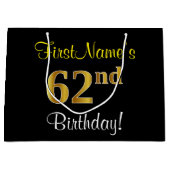エレガント黒、フェイク金ゴールド62番目の誕生日+名前 ラージペーパーバッグ (正面)