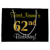 エレガント黒、フェイク金ゴールド62番目の誕生日+名前 ラージペーパーバッグ (裏面)