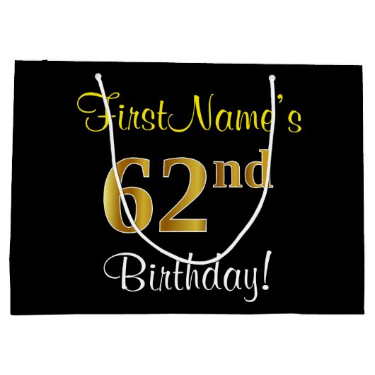 エレガント黒、フェイク金ゴールド62番目の誕生日+名前 ラージペーパーバッグ (裏面)