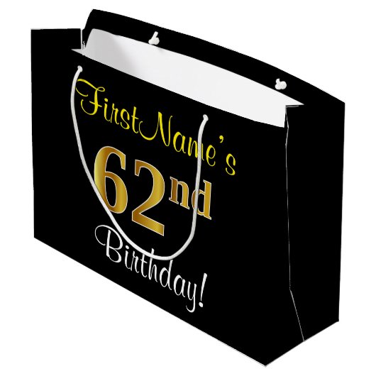 エレガント黒、フェイク金ゴールド62番目の誕生日+名前 ラージペーパーバッグ (裏面アングル)