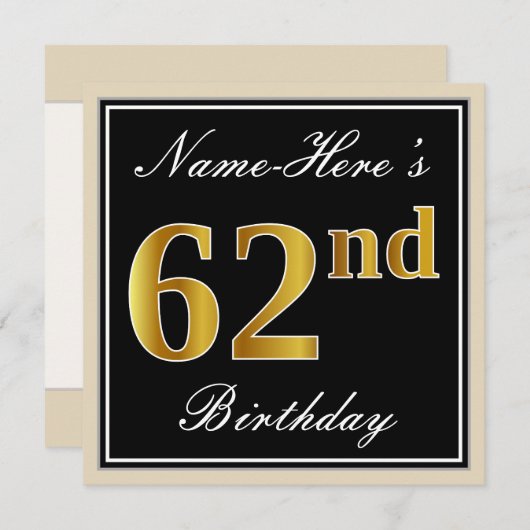 エレガント黒、フェイク金ゴールド62番目の誕生日+名前 招待状 (正面/裏面)