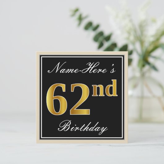 エレガント黒、フェイク金ゴールド62番目の誕生日+名前 招待状 (スタンド正面)