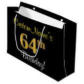 エレガント黒、フェイク金ゴールド64番目の誕生日+名前 ラージペーパーバッグ (正面アングル)