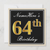 エレガント黒、フェイク金ゴールド64番目の誕生日+名前 招待状 (正面)