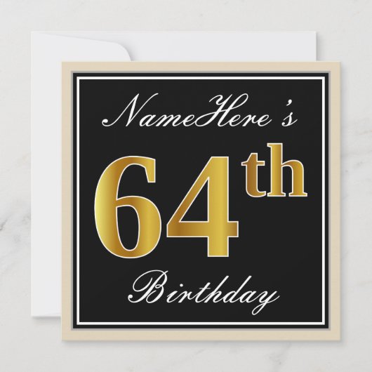 エレガント黒、フェイク金ゴールド64番目の誕生日+名前 招待状 (正面)