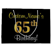 エレガント黒、フェイク金ゴールド65番目の誕生日+名前 ラージペーパーバッグ (裏面)