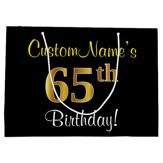 エレガント黒、フェイク金ゴールド65番目の誕生日+名前 ラージペーパーバッグ (裏面)