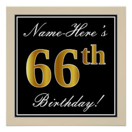 エレガント黒、フェイク金ゴールド66番目の誕生日+名前 ポスター