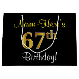 エレガント黒、フェイク金ゴールド67番目の誕生日+名前 ラージペーパーバッグ